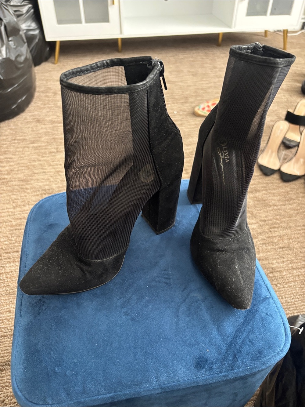 Black Mesh & Suede Block Heel Ankle Boots - Women